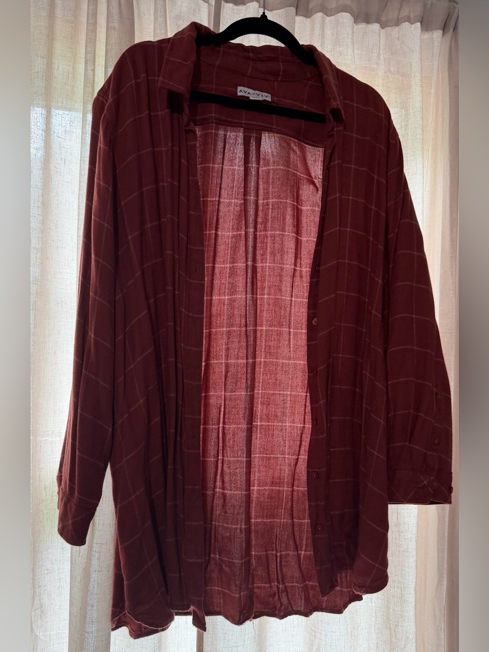 Ava & Viv Dark Rust Colored Plaid Button-Front Shirt-Tunic length